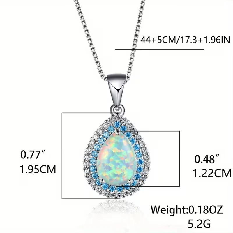 Bohemian Style Teardrop Australian Opal Blue Sea Pendant with chain, pendant, and weight measurements